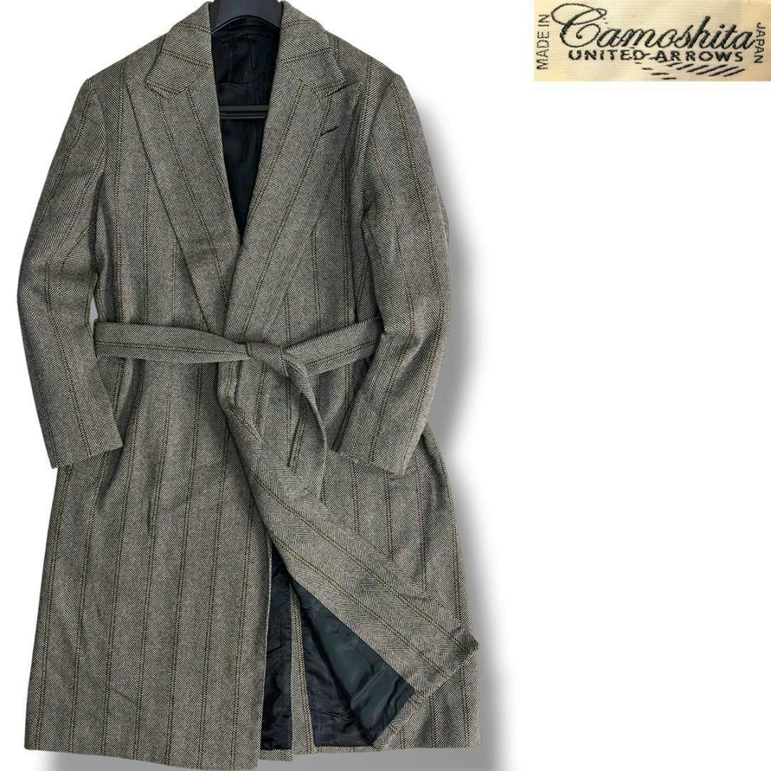 Front view of a gray herringbone gown coat (Camoshita J6228) size 48 with a belt and partially visible black lining.