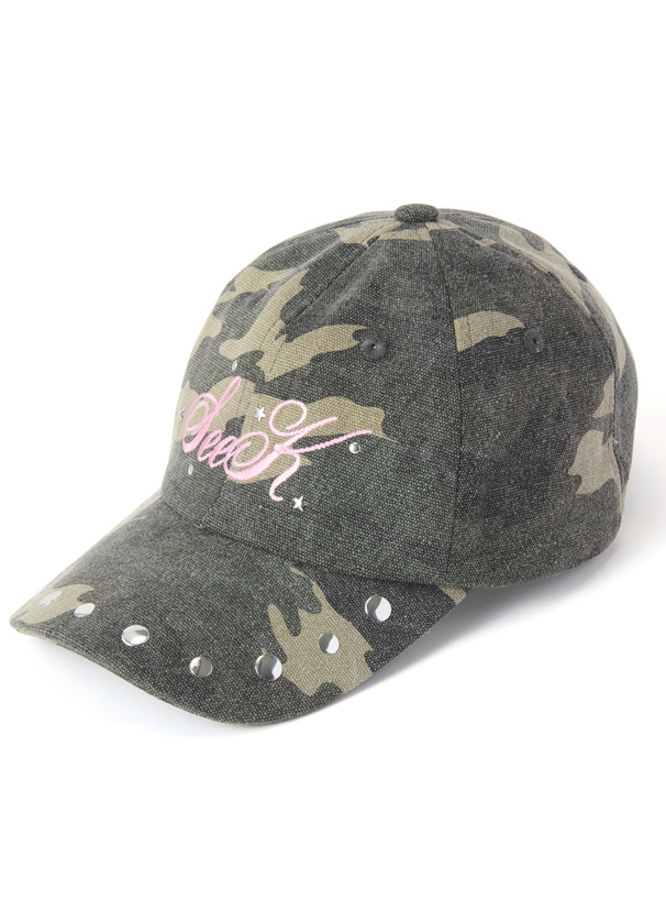 Camouflage-pattern baseball cap showing an embroidered logo on the front and metal studs along the brim.