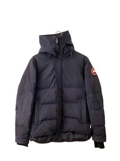 Front view of a black Canada Goose men's nylon down jacket on a hanger, shown against a white background.