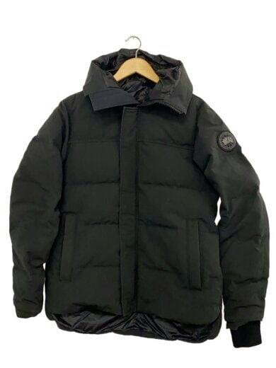 Front view of a black Canada Goose men's down jacket hanging on a wooden hanger.