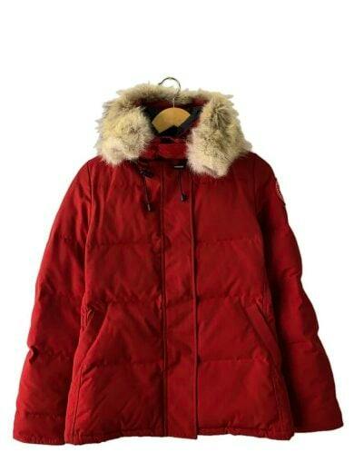 Front view of a red Canada Goose men's polyester down jacket with a fur-trimmed hood on a hanger.