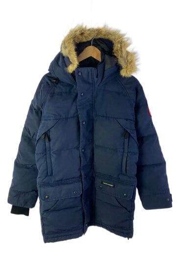 Front view of the EMORY PARKA men's polyester down jacket (size S) in navy on a hanger, showing a fur-trimmed hood, snap-button placket, and front pockets.