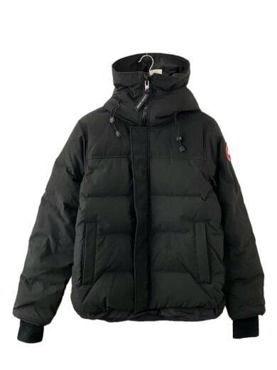 Front view of a black men's Canada Goose Macmillan parka with hood, ribbed cuffs, and front pockets on a hanger.