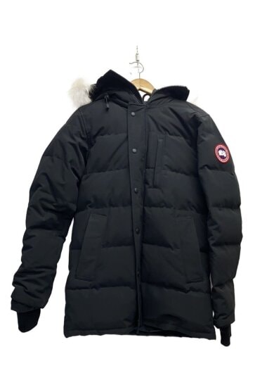 Front view of a black Canada Goose men's down jacket (polyester) hanging on a wooden hanger against a white background.