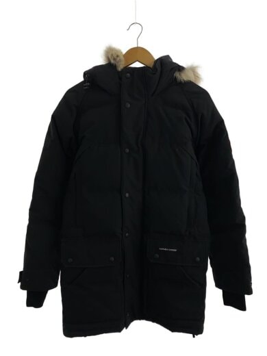 Front view of a black Canada Goose men's down jacket on a hanger with a fur-trimmed hood.
