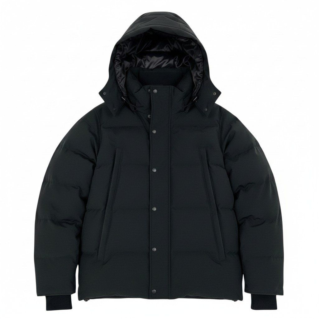 Front view of a black Canada Goose Wyndham parka (men's nylon down jacket) on a white background.