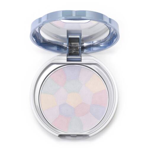 Open powder compact showing a multicolored mosaic illuminating finishing powder in the pan and the inside of the lid.