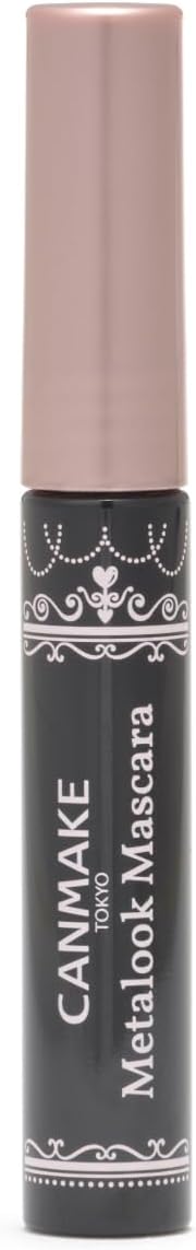 Front photo of the Canmake Metal Look Mascara 01 Black tube with decorative white detailing and a capped top.