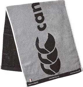 Gray Canterbury sport face towel with a black logo and white trim folded upright.