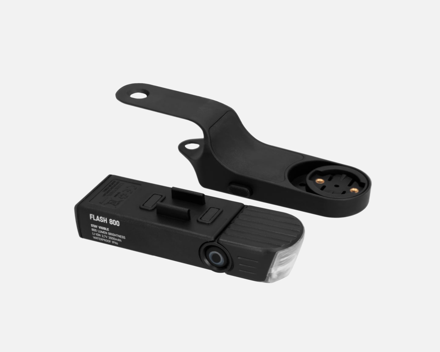 Canyon FLASH 800 front bicycle light and its rubber mount shown on a white background.