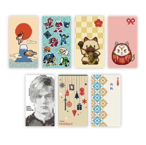 A set of seven decorative Japanese pochibukuro (small envelopes) arranged in two rows, each showing different character and pattern designs.