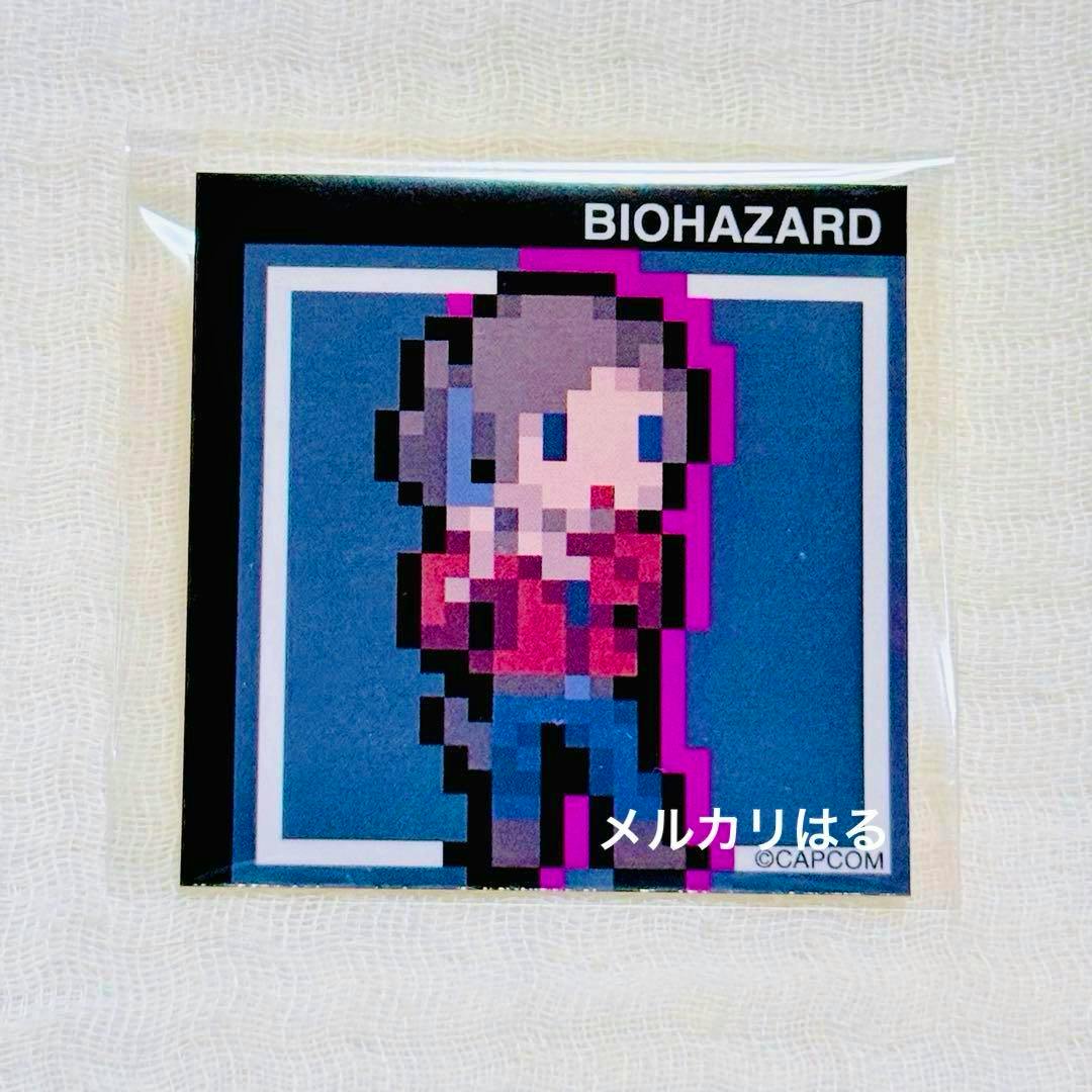 Packaged paper sticker showing a pixel-art Claire character with a 'BIOHAZARD' header.