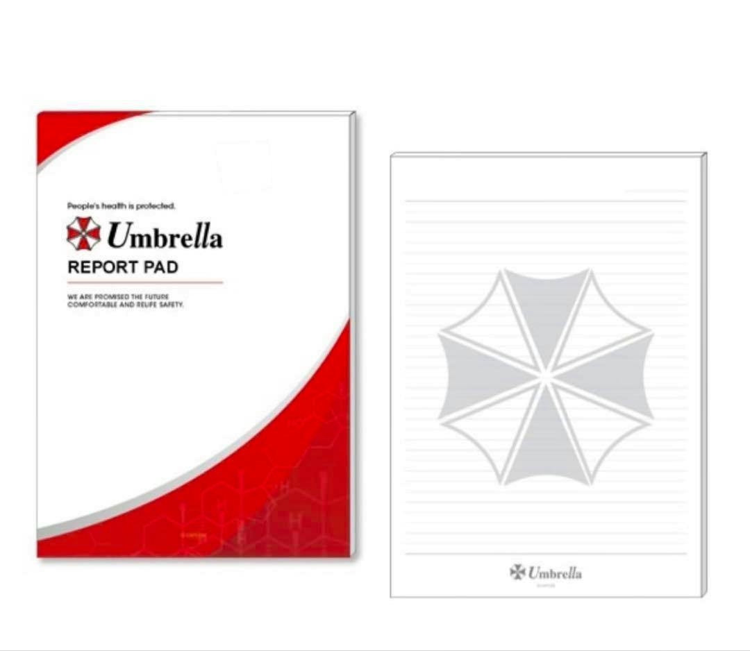 Front cover and a lined inside page of the Umbrella report pad showing the Umbrella logo and a red curved cover design.