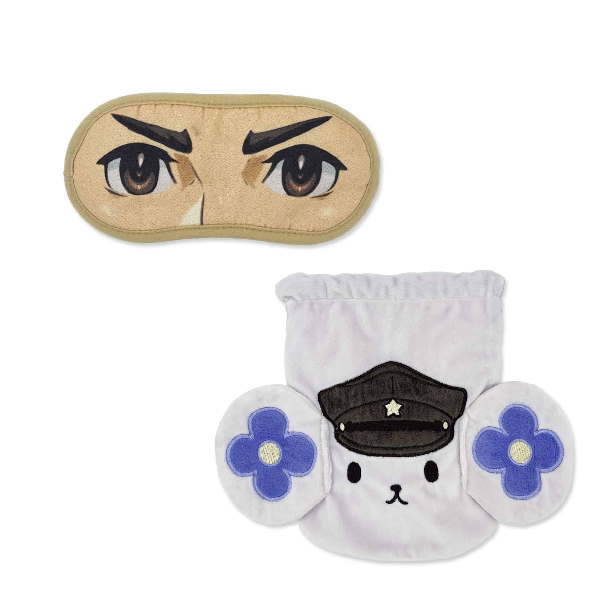 Beige eye mask printed with character eyes paired with a small white plush drawstring pouch.