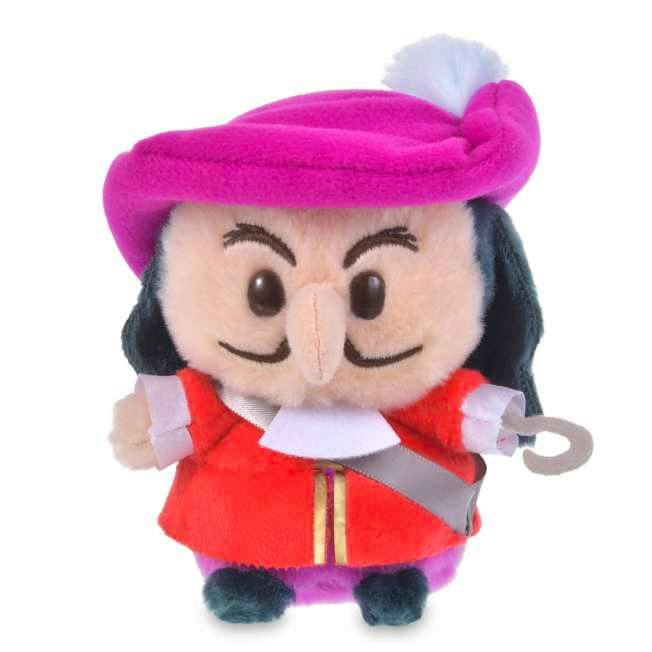 Front-facing Captain Hook plush (Peter Pan) wearing a pink hat and red coat and holding a gray hook.