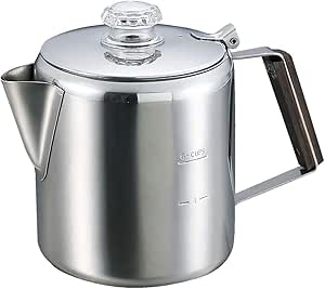 Stainless-steel coffee percolator kettle with lid, spout, and handle.
