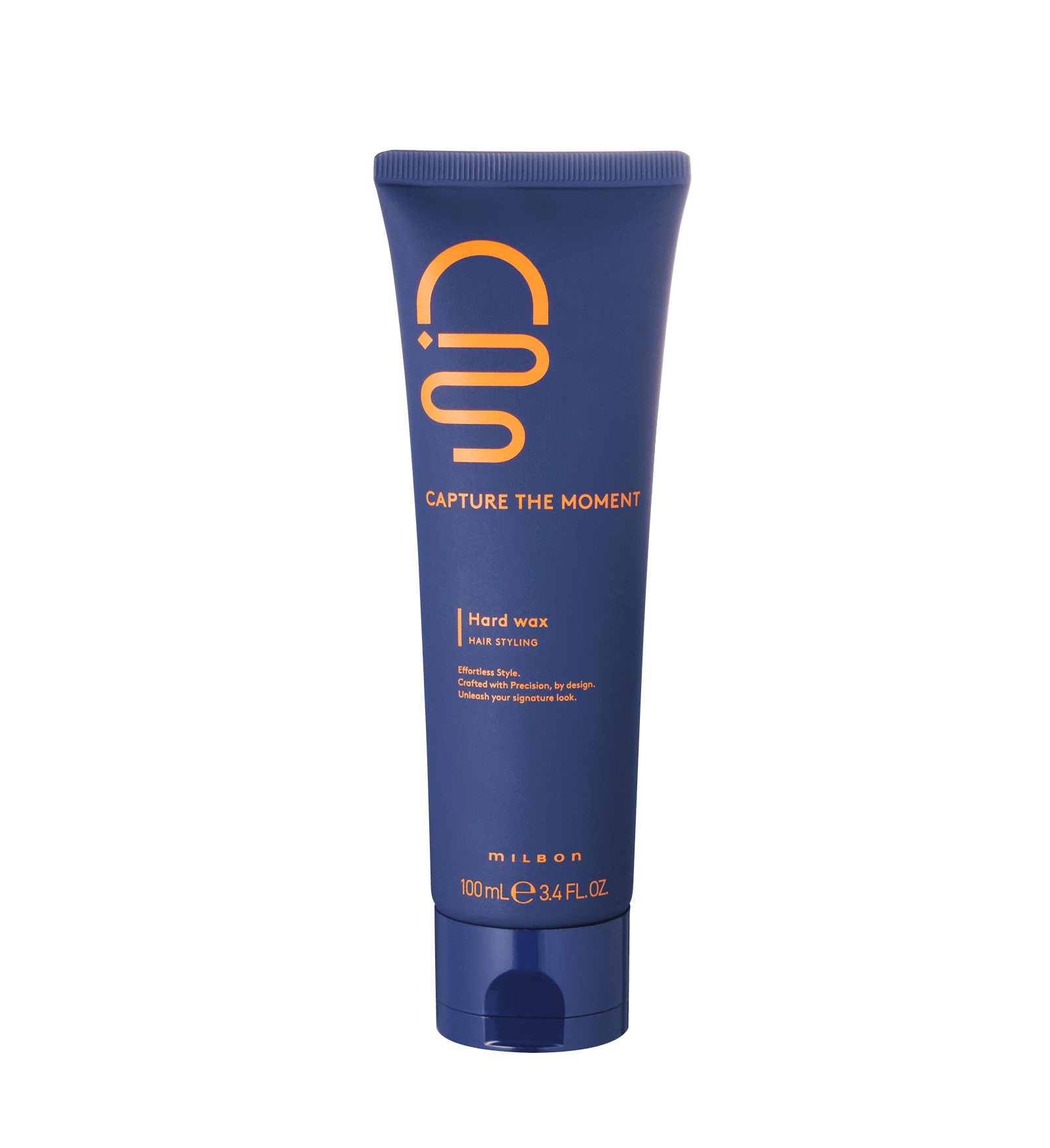 Front view of a blue tube of CAPTURE THE MOMENT hard wax 100 mL showing the orange logo and product text.