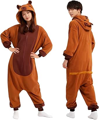 Front and back views of a brown capibara kigurumi adult pajama with hood and ears worn by two models.
