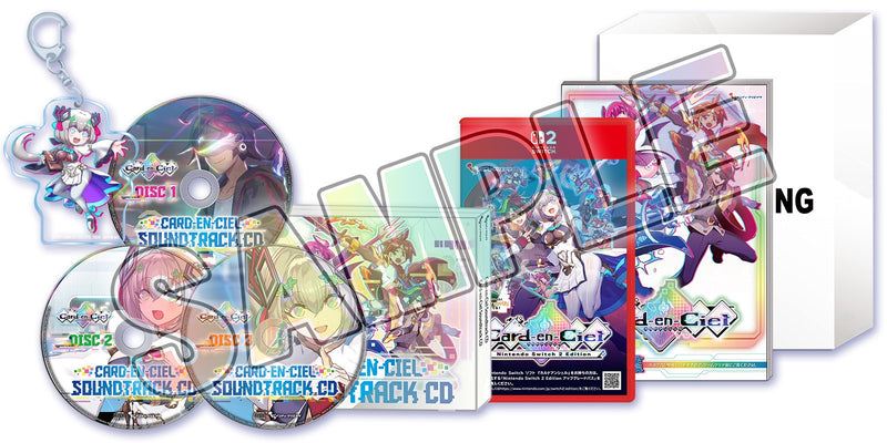 Main image shows the WonderGOO Anshé & Morpho Nintendo Switch 2 limited set: game case and cartridge, soundtrack discs, character keychain, art cards, and outer box with a SAMPLE watermark.