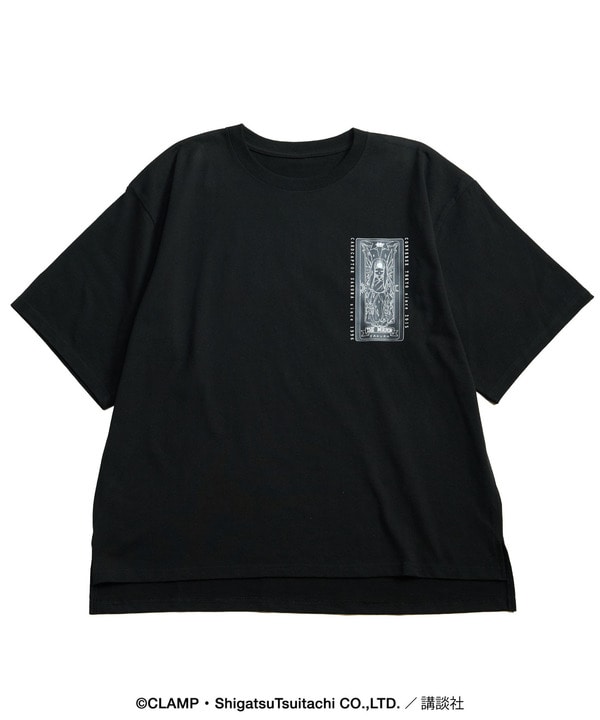 Flat-lay of a black men's graphic cotton T-shirt showing a chest Sakura card graphic.