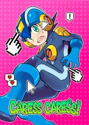 Comic book cover illustration of a blue-armored character in a dynamic pose with pixel cursor icons on a pink dotted background and the green title 'CARESS CARESS'.