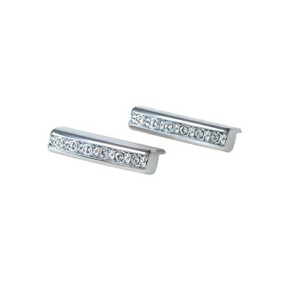 Two chrome-plated stick-on dress-up parts for a car air conditioner knob decorated with crystals on a white background.