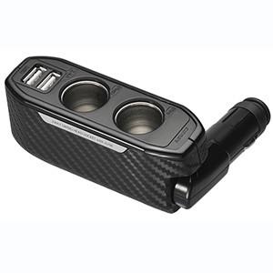 Carbon-pattern car power adapter showing two cigarette-socket outlets and two USB ports.