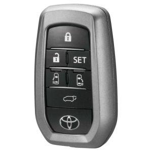 Front view of a Toyota key fob fitted with a gunmetal carbon-fiber-look key cover.