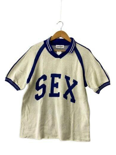 Cream cotton men's polo shirt with blue trim and large 'SEX' lettering on the front, hanging on a hanger.