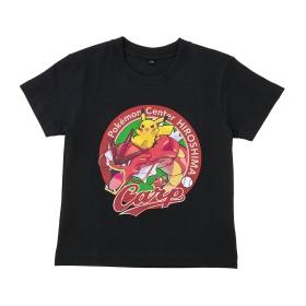 Black T-shirt front view showing a circular Pokémon Center Hiroshima graphic with a red Gyarados, Pikachu, and "Carp" text.