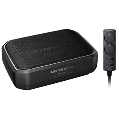 Studio image of the Carrozzeria TS-WX140DA powered subwoofer with its wired remote control.