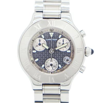 Front view of the Cartier マスト21クロノスカフ W10172T2 stainless-steel men's wristwatch with patterned dial, three chronograph subdials, and Roman numeral bezel.