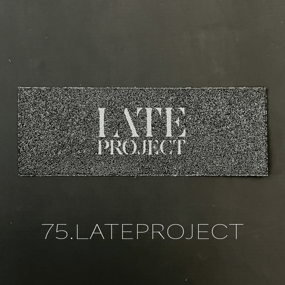 Rectangular black decal sticker with the white text "LATE PROJECT" displayed on a dark background.