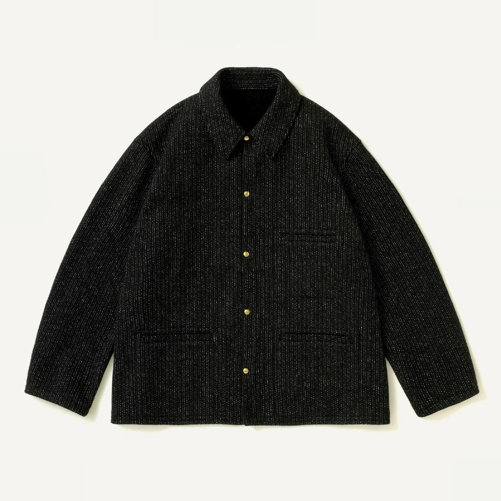 Front flat-lay of the Cashmere Beach Cloth Jacket showing the collar, gold snap buttons, and two front welt pockets.