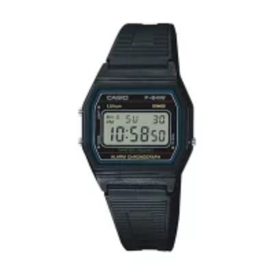 Front view of a Casio F-84W-1QJH black digital men's watch with a rectangular LCD display and matching black plastic strap.