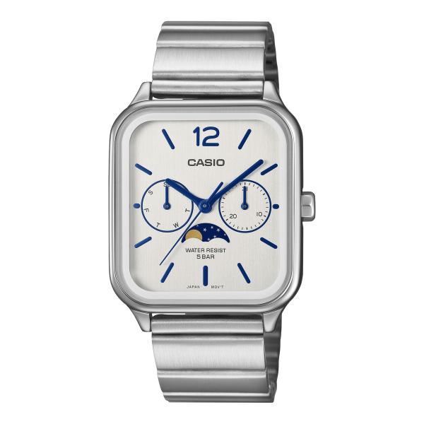 Front view of a rectangular Casio wristwatch with metal case and bracelet, white-silver dial, blue hands and markers, two subdials and a moonphase indicator.