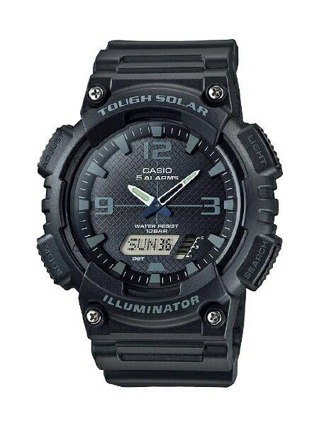 Front view of a black Casio solar analog-digital wristwatch with a plastic case and strap.