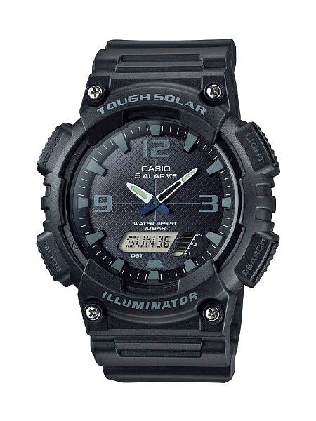 Front view of the black Casio Solar Watch AQ-S810W-1A2JH showing analog hands, numeric hour markers, and a small digital display.