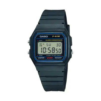 Front view of the Casio F-91W-1JH digital wristwatch with a black plastic case and strap showing the LCD time display.