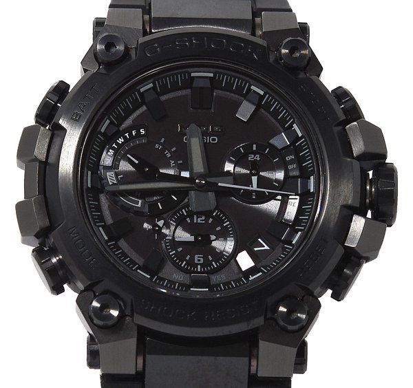Front close-up of a black Casio G-SHOCK MT-G (MTG-B3000B-1AJF) men's watch showing the dial and case.