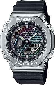 Front view of the Casio GM-2100RW-1AJF men's rainbow watch with metal cover and black biomass plastic strap.