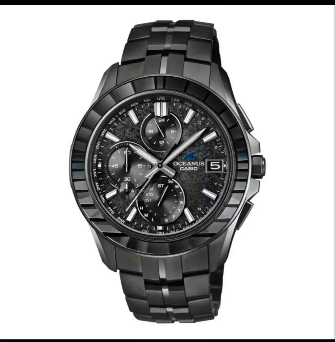 Front view of the black Casio Oceanus OCW-S7000CN-1AJF wristwatch showing the textured dial with subdials, date window, and metal bracelet.