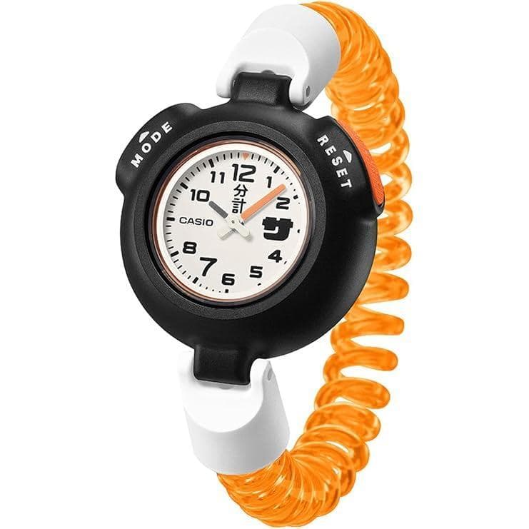 Casio SAN-100H-7BJR sauna wristwatch with a black round plastic case, white dial, and orange coiled strap on a white background.