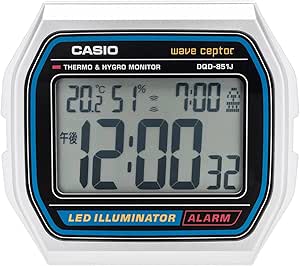 Front view of the CASIO Wave Ceptor DQD-851J-8JF digital radio alarm clock showing its LCD time, temperature, humidity, and alarm indicators.
