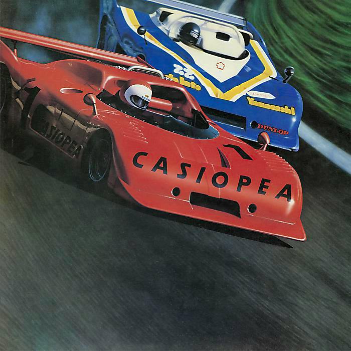 Album cover art for the CASIOPEA vinyl showing two racing cars with "CASIOPEA" printed on the red car.