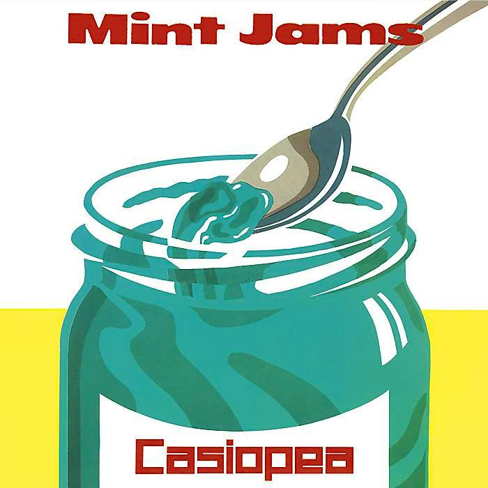 Album cover art showing a stylized jar of green jam with a spoon and the title "Mint Jams" and artist name "Casiopea".