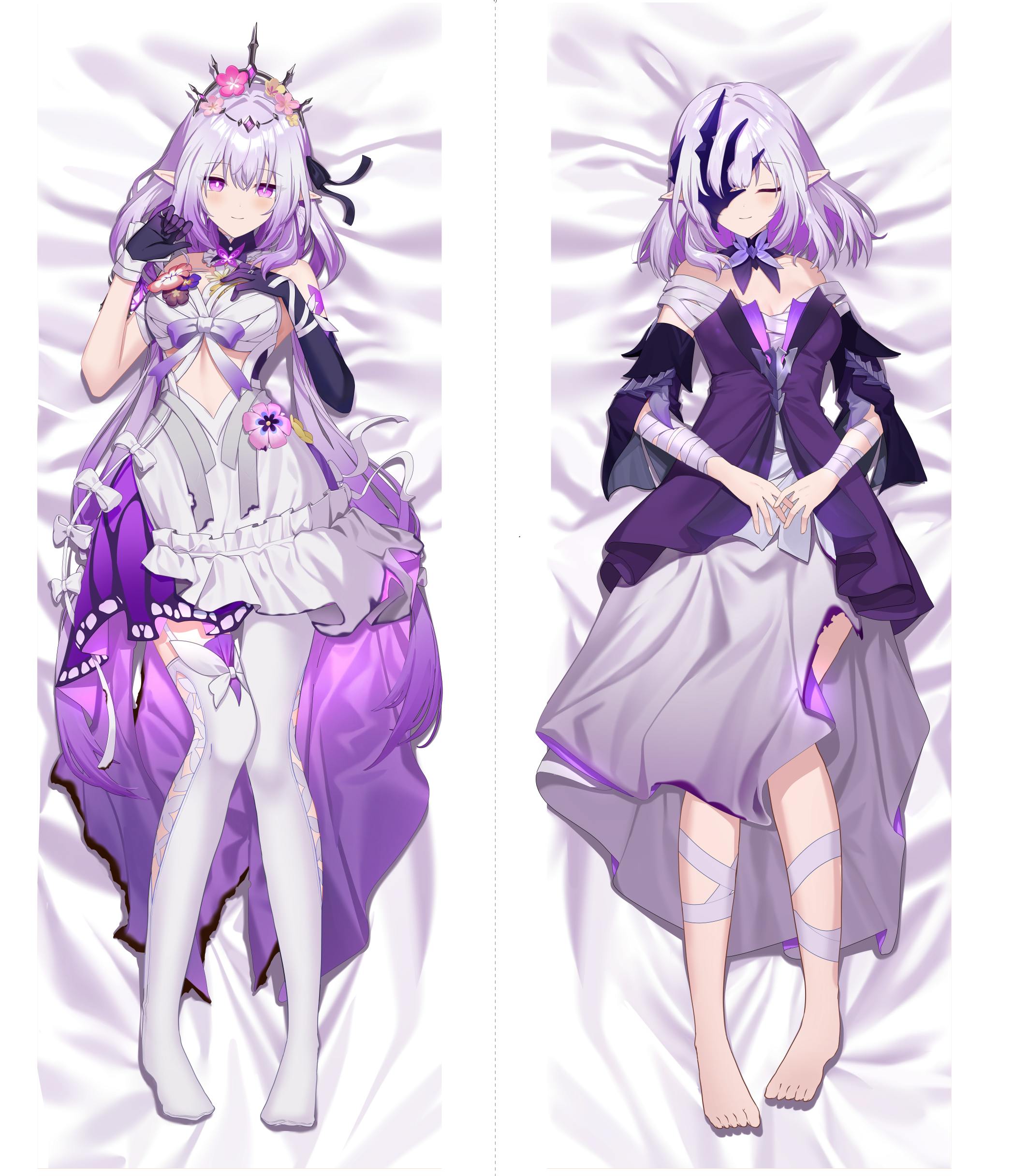 Front and back illustrated sides of a polyester dakimakura pillow cover showing two purple‑haired female characters lying on a white pillow background.