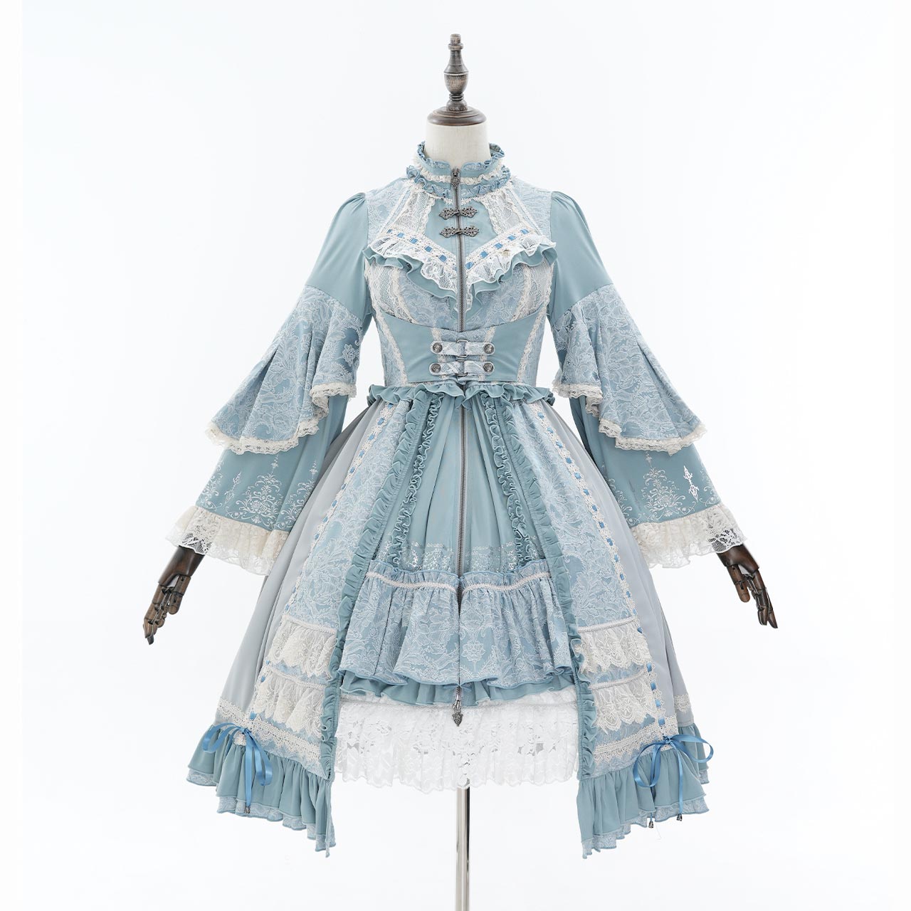 Front view of the Celebration of Rose Rococo dress in blue displayed on a mannequin.