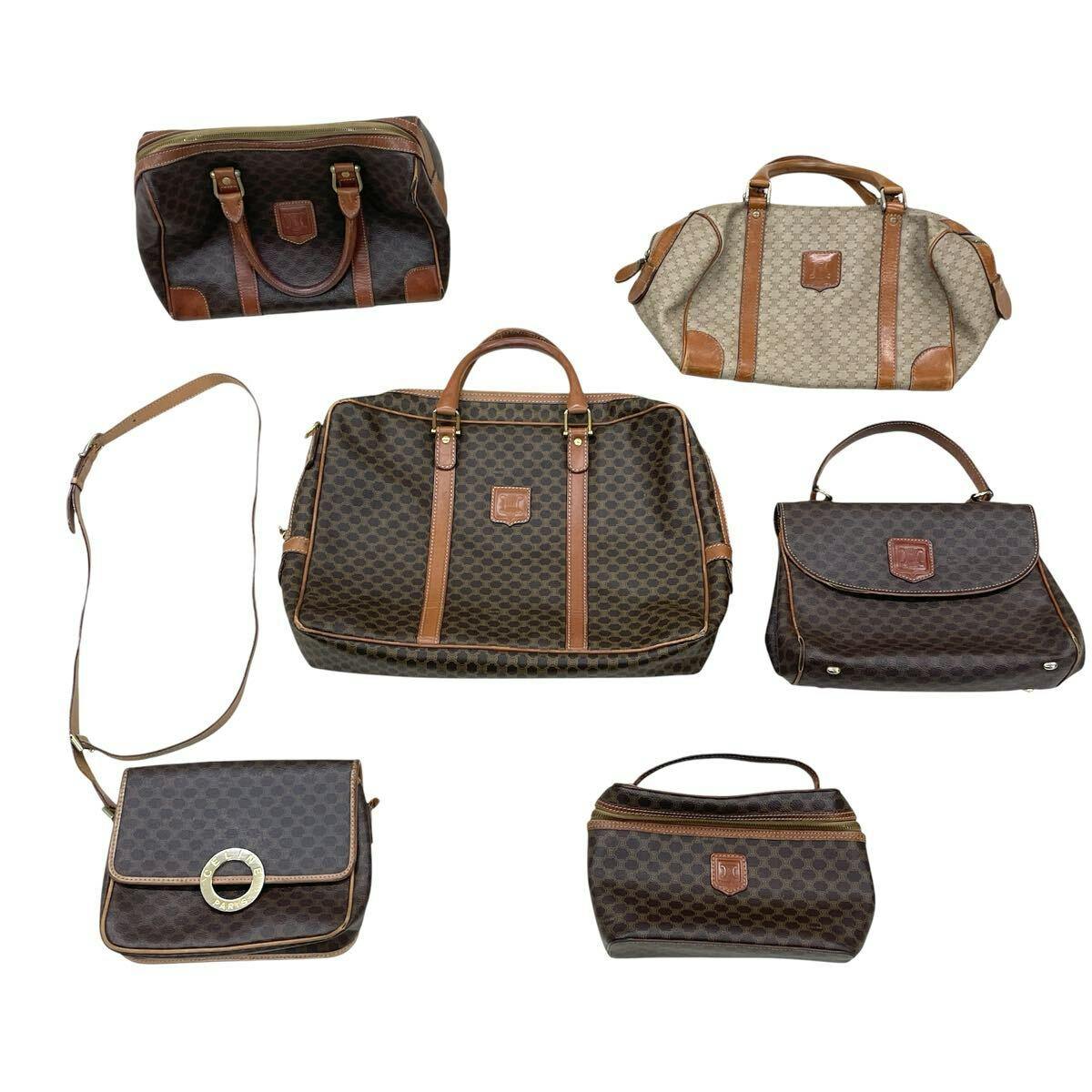 Six CELINE Macadam pattern bags (handbag, mini boston, vanity, shoulder and small pouches) arranged on a white background.