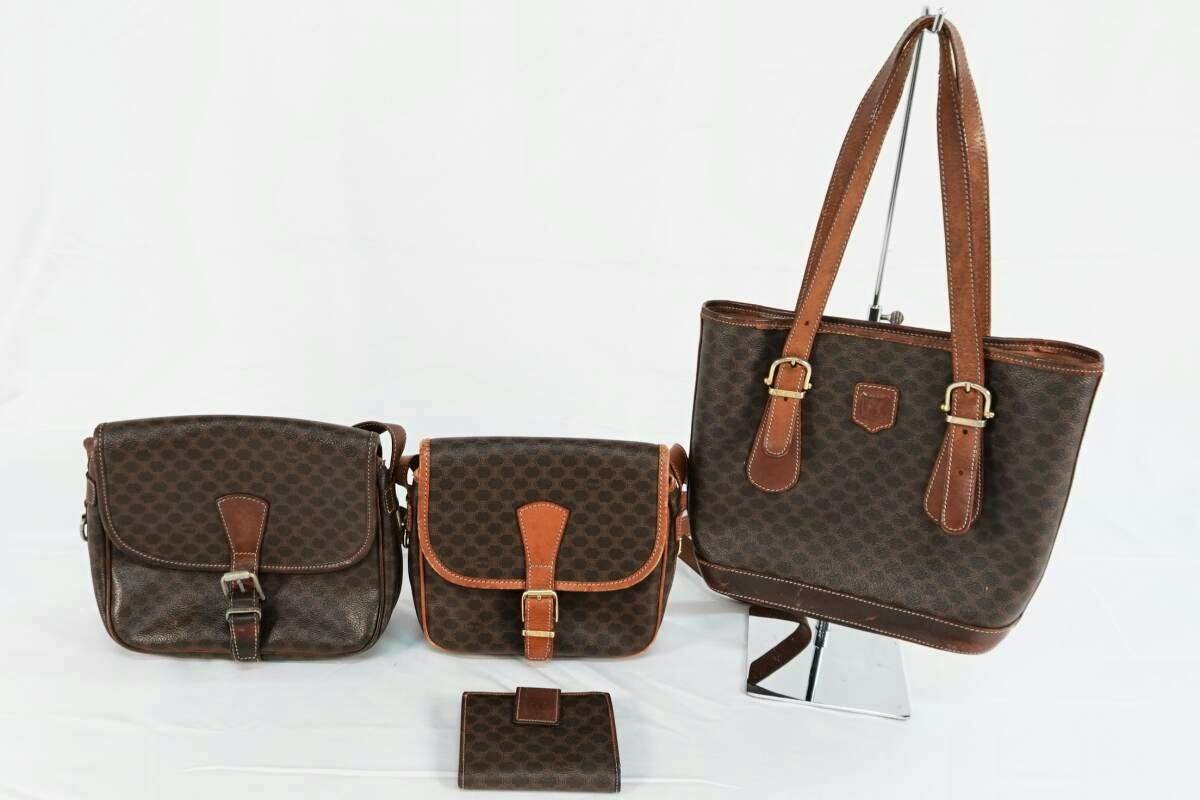 Four CELINE macadam-pattern brown bags and a matching wallet arranged on a white background.